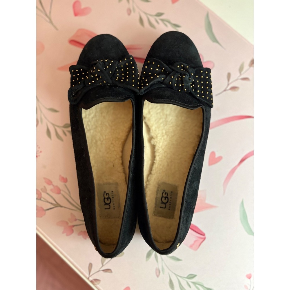 UGG Australia Alloway Studded Bow Black Suede Shearling Ballet Flats 1004766 10 - Picture 2 of 7